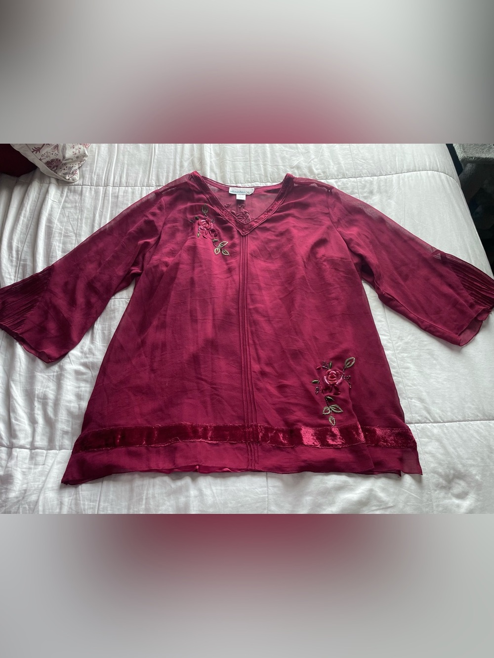 Vintage Maroon Floral Embroidered Beaded Flare Sleeve Sheer Top 26W Whimsigoth